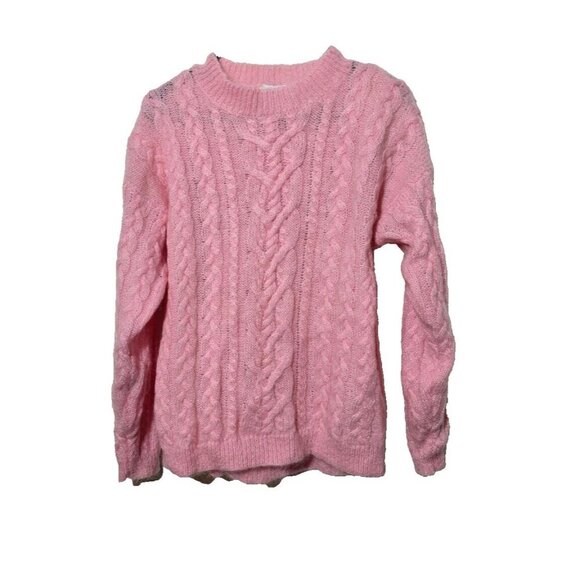 Vtg Distinction Sweater Sz L Mohair Blend Pink Cableknit 90s Grandmacore Stretch - Picture 1 of 10